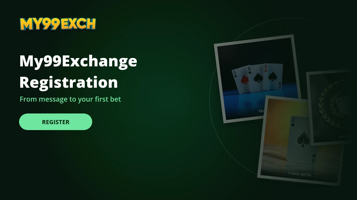 My99Exchange registration banner with teen patti and cricket game tiles